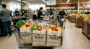 Eco-friendly wholesale non woven bags in vest-style packed with fresh groceries in a supermarket