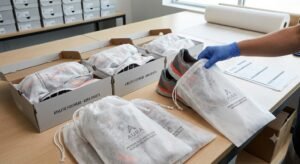 Soft-textured non woven drawstring bags used as dust protection for athletic footwear packaging..jpg