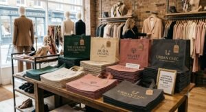 Wholesale custom non woven bags with side gussets displayed in a boutique apparel retail store..jpg