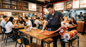 A modern fast-food restaurant or Chinese noodle shop, where a server is quickly tearing off a pre-cut roll tablecloth and replacing it.