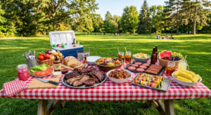 A picnic table on a sunny lawn spread with a classic red-and-white checkered laminated non-woven tablecloth, topped with abundant BBQ ingredients.