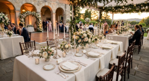 High-end indoor/outdoor wedding layout featuring ivory-white spunlace non-woven tablecloths, paired with exquisite bone china dinnerware and silver candlesticks.