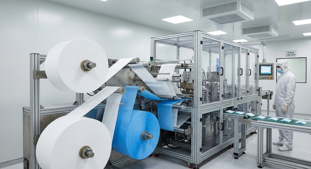 High speed automated converting line using non woven medical textiles
