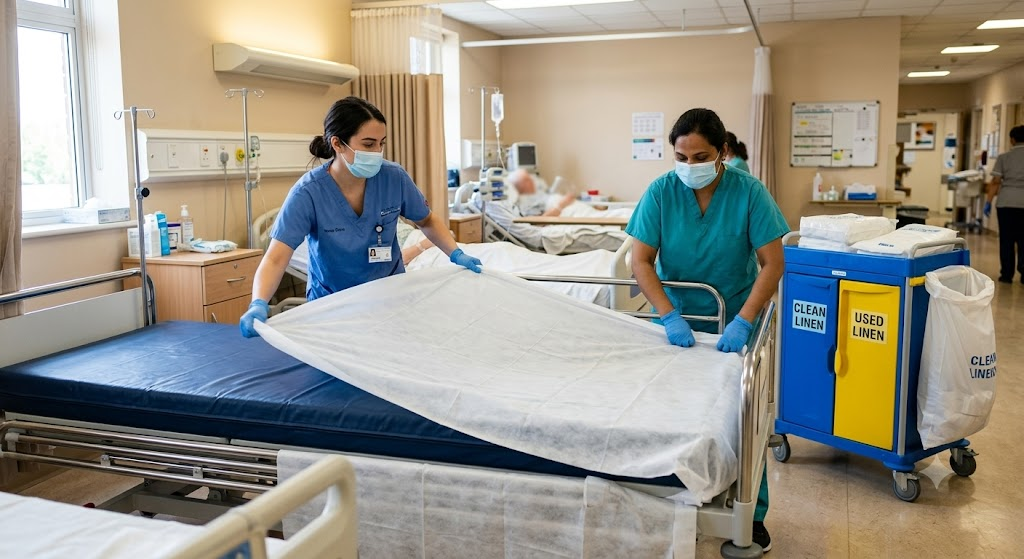 Healthcare staff quickly prepping a hospital ward bed with fresh, clean disposable nonwoven sheets.