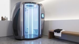 A sleek, modern sunless tanning booth with a neatly folded pair of dark, opaque disposable boxers resting on a side bench.