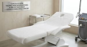 Precision-cut massage table covers with face cradle cuts inside a modern wellness clinic..